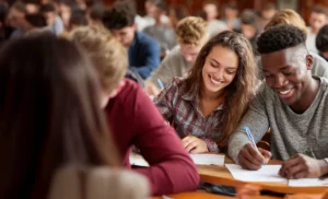 Students happily studying.